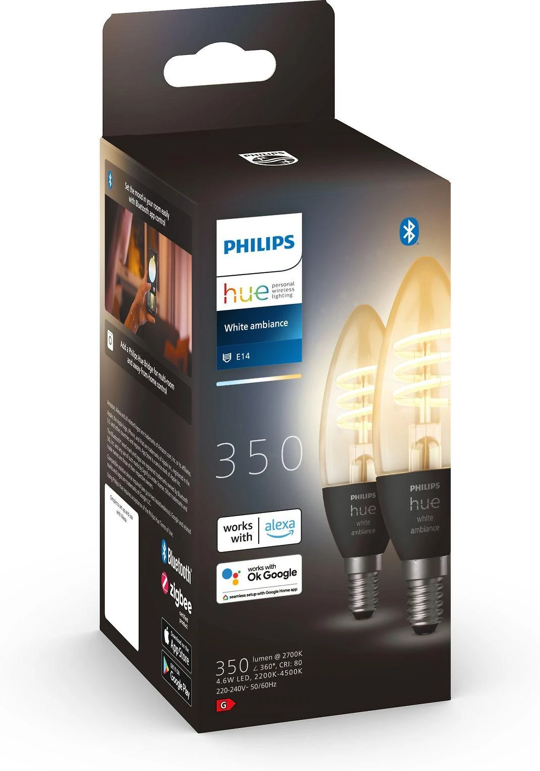 Philips Hue E14 WA 4,6W kaitinimo žvakė, 2 pak