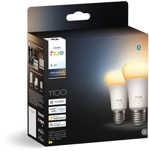 Philips Hue WA 1100 A60 2P EU | E27 | 8,1 W | Nuo šiltos iki vėsios baltos šviesos | „Bluetooth“ ir „Zigbee“