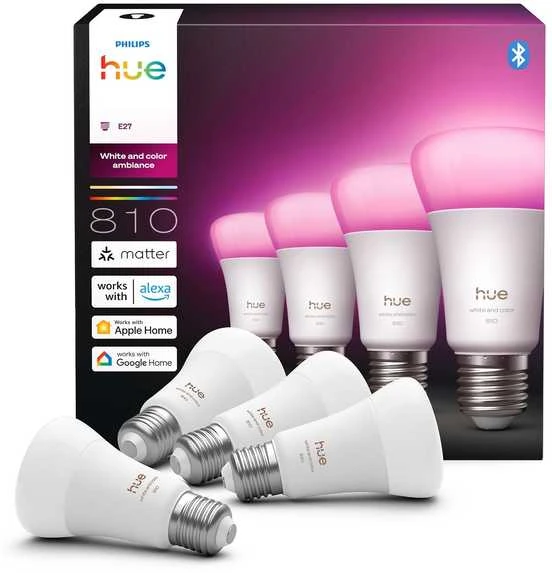 „Philips Hue WCA 810 A60 E27 4P EU“ | E27 | 6 W | Baltos ir spalvotos šviesos | „Bluetooth“ ir „Zigbee“