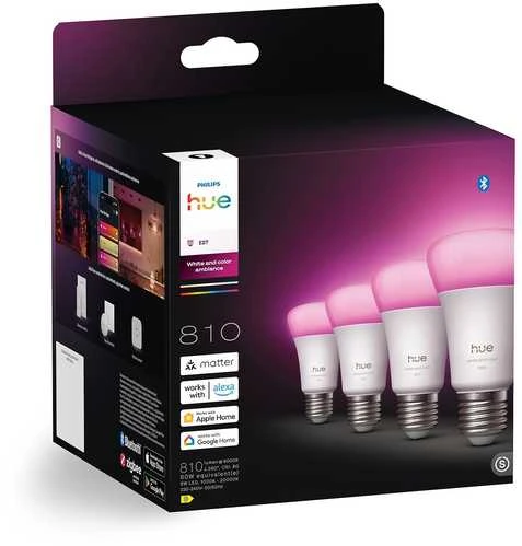 „Philips Hue WCA 810 A60 E27 4P EU“ | E27 | 6 W | Baltos ir spalvotos šviesos | „Bluetooth“ ir „Zigbee“