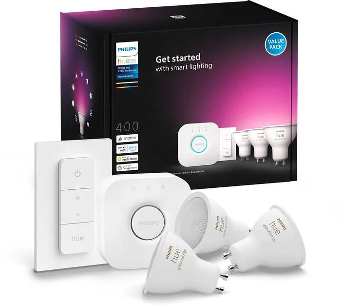 Philips Hue "White and Colour" GU10 Lempučių rinkinys, 3 vnt + reguliatoriaus jungiklis