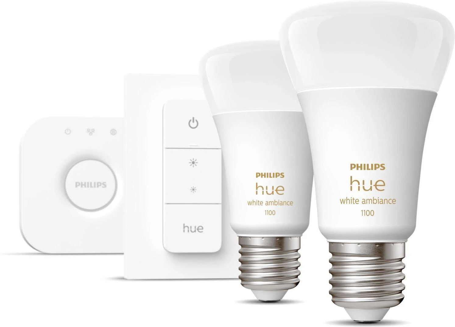 Philips Hue "White ambiance” pradžios rinkinys: 2 E27 išmaniosios lemputės (1100) + šviesos reguliatoriaus jungiklis