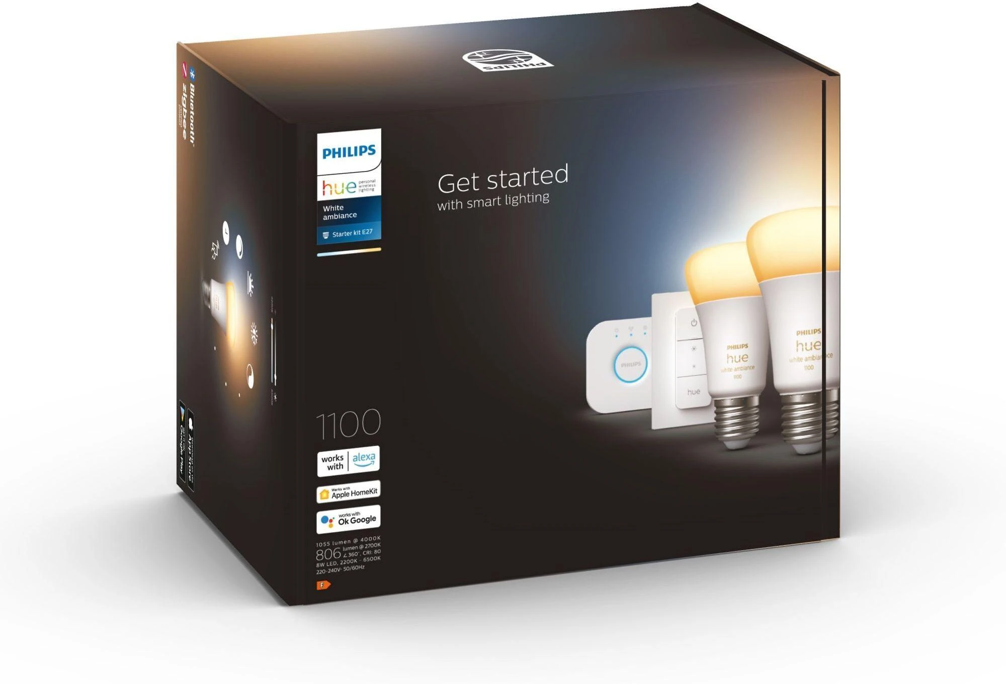 Philips Hue "White ambiance” pradžios rinkinys: 2 E27 išmaniosios lemputės (1100) + šviesos reguliatoriaus jungiklis