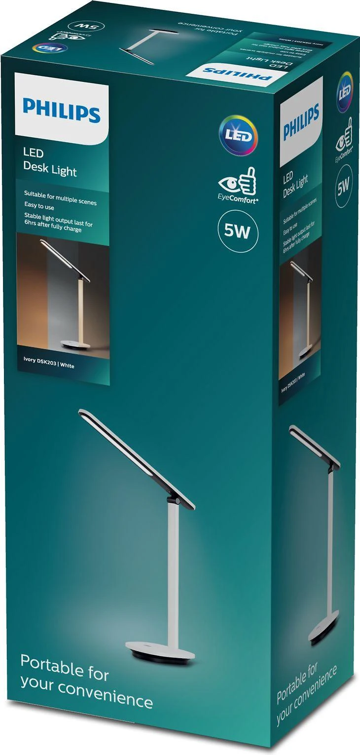 Philips Ivory DSK203 -työpöytävalaisin, USB-ladattava, valkoinen