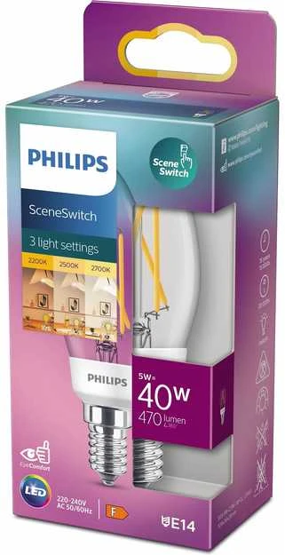 LED lemputė Philips Fil B35, 5W, E14, WW, 470-190-50lm