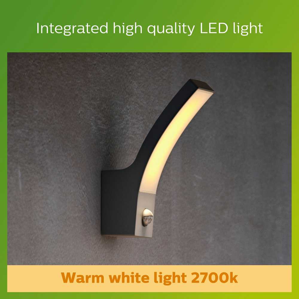 Sieninis šviestuvas Aplica LED pentru exterior cu senzor de miscare Philips Splay, 12W, 1100lm, lumina calda (2700K), IP44, 240x80x160mm, Antracit