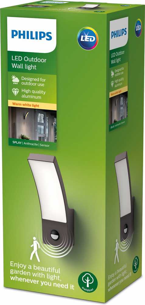 Sieninis šviestuvas Aplica LED pentru exterior cu senzor de miscare Philips Splay, 12W, 1100lm, lumina calda (2700K), IP44, 240x80x160mm, Antracit