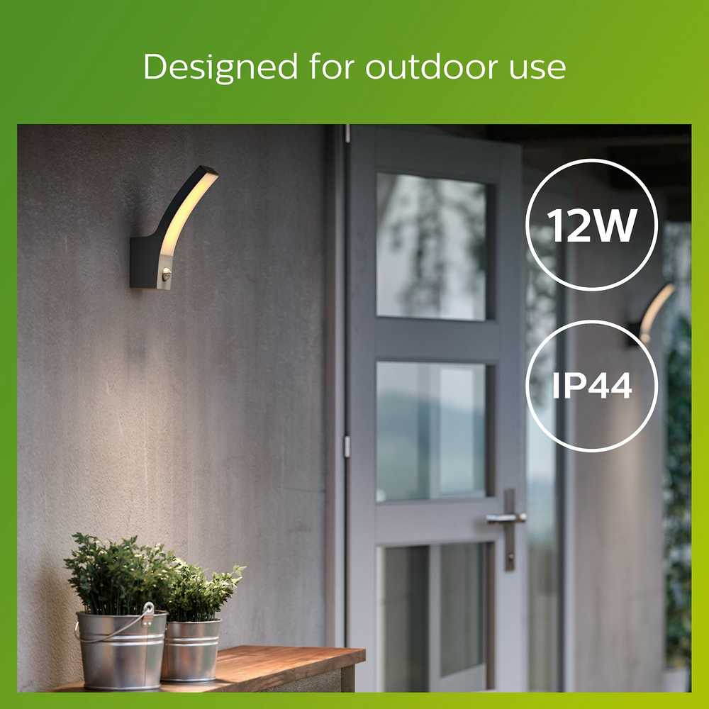 Sieninis šviestuvas Aplica LED pentru exterior cu senzor de miscare Philips Splay, 12W, 1100lm, lumina calda (2700K), IP44, 240x80x160mm, Antracit