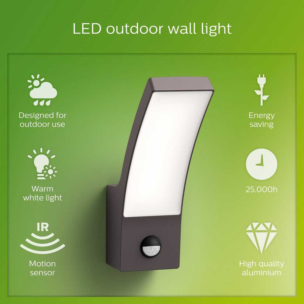 Sieninis šviestuvas Aplica LED pentru exterior cu senzor de miscare Philips Splay, 12W, 1100lm, lumina calda (2700K), IP44, 240x80x160mm, Antracit