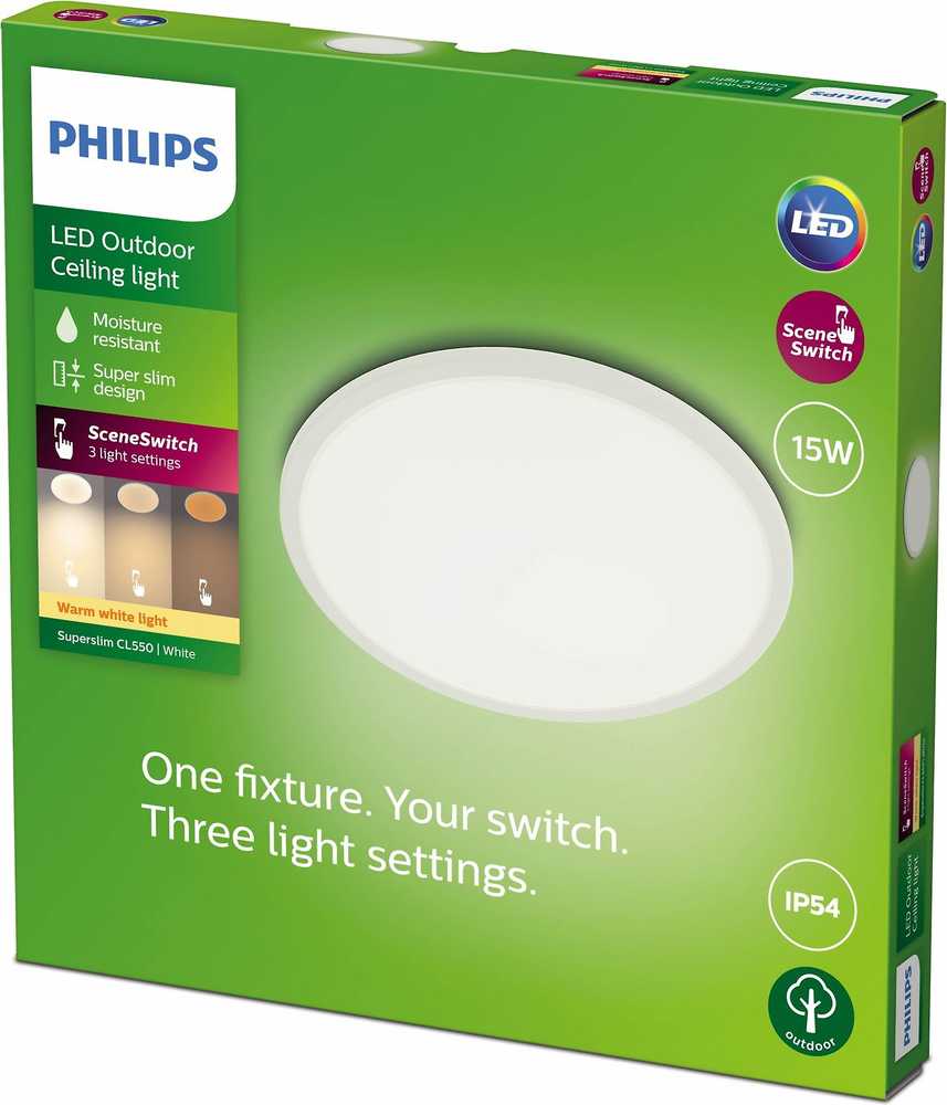 Plafoniera LED pentru exterior Philips SuperSlim, 15W, 1300 lm ,luminacalda (2700K), IP54, 25 cm, Alb