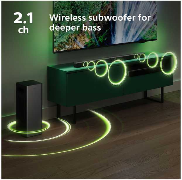 Namų kino sistema Philips 2.1 garso juosta su belaidžiu žemųjų dažnių garsiakalbiu tab6309/10