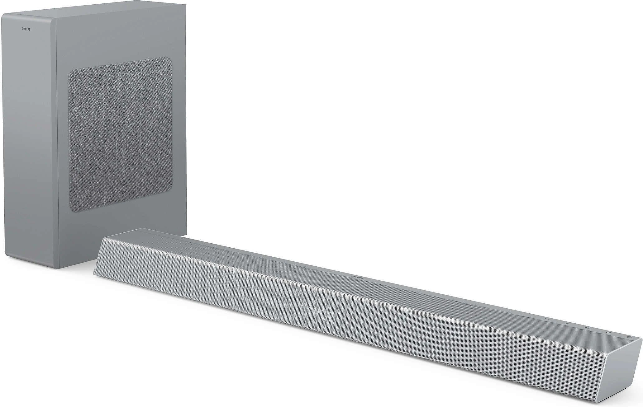 Namų kino sistema „Philips Soundbar“ garsiakalbis TAB8505/10, maks. 240 W. Integruotas žemųjų dažnių garsiakalbis, Dolby Atmos®, suderinamas su DTS Play-Fi, jungiasi su balso asistentais