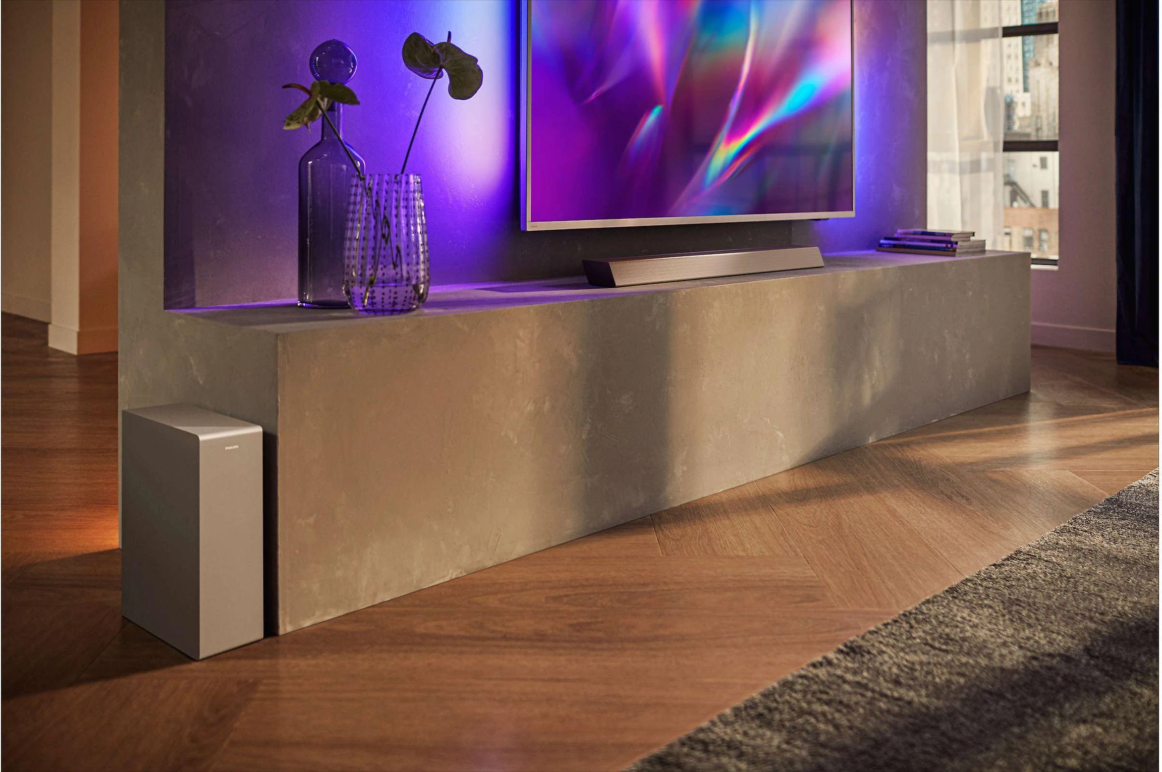 Namų kino sistema „Philips Soundbar“ garsiakalbis TAB8505/10, maks. 240 W. Integruotas žemųjų dažnių garsiakalbis, Dolby Atmos®, suderinamas su DTS Play-Fi, jungiasi su balso asistentais