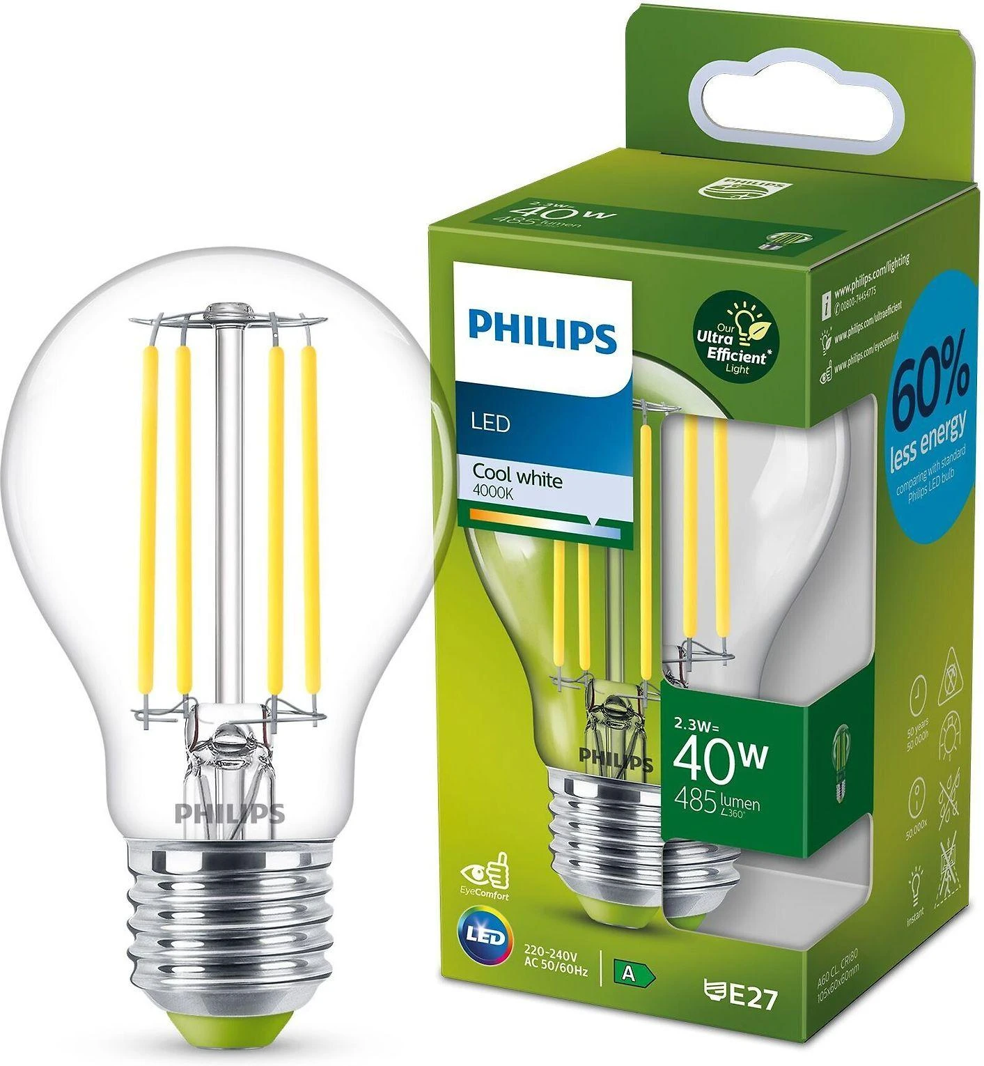 „Philips“ klasikinė LED lempa su 40 W, E27 pagrindu, skaidri, šaltai balta (4000 K)