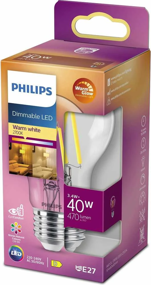 „Philips Warm Glow“ LED lempa, E27, 2200–2700 K, 470 lm, CRI 90