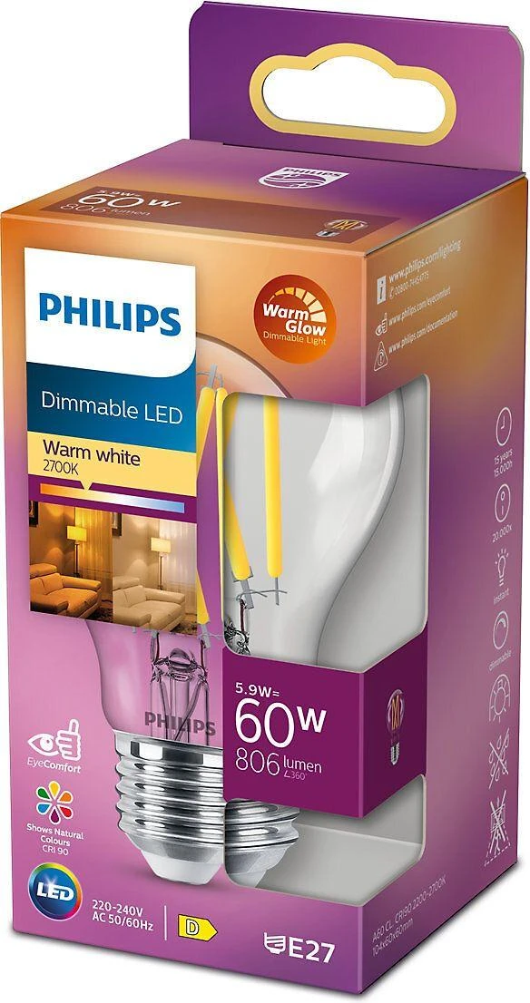 LED lemputė PHILIPS, A60, E27, 5,9 W, 806 lm, 2200–2700 K