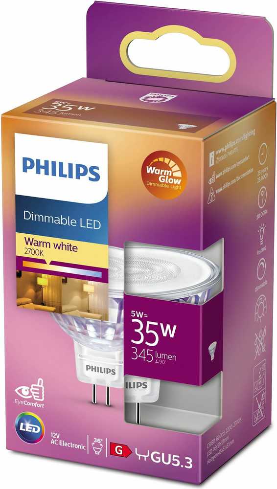 Philips Warm Glow LED MR16 prožektorius, 12V, GU5.3, 2200-2700K, 345 lm
