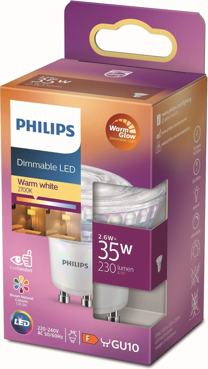 „Philips Warm Glow“ LED prožektorius, GU10, 2200–2700 K, 230 lm, reguliuojamas pritemdymas