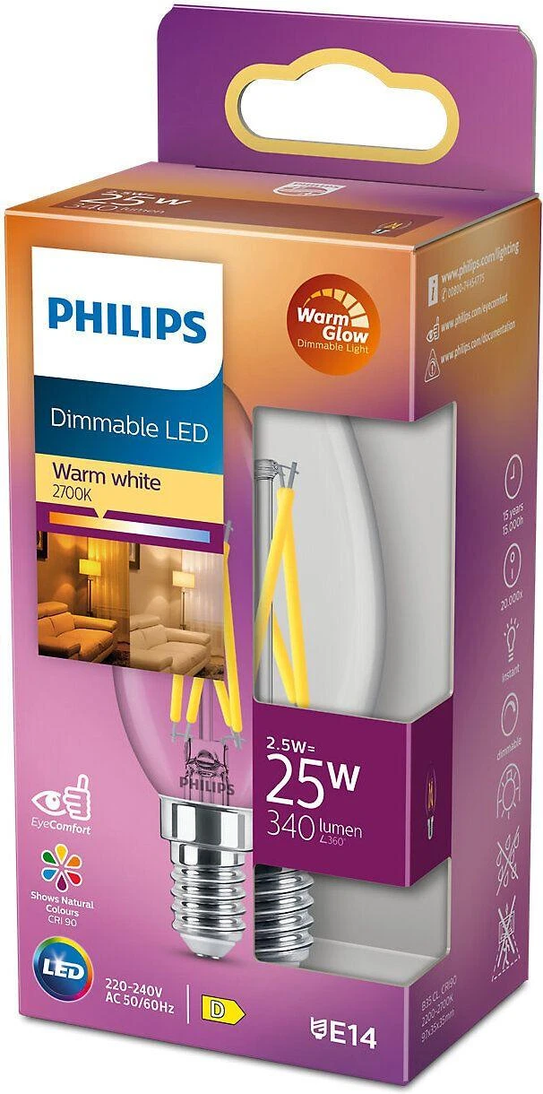 Philips Warm Glow LED žvakė, E14, 2200-2700 K, 340 lm, pritemdoma, skaidri