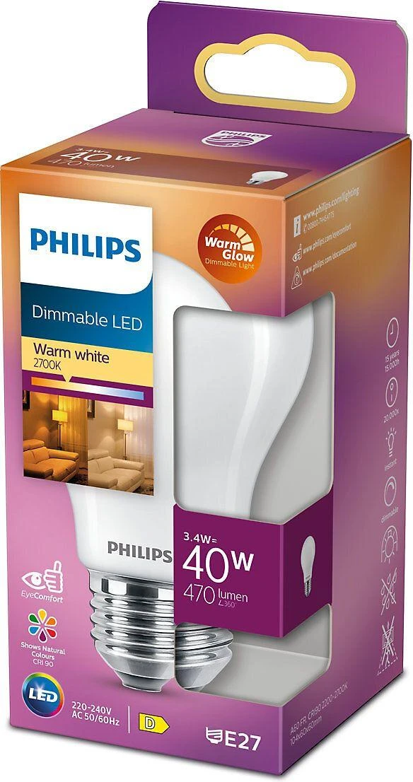 „Philips WarmGlow“ LED lempa, E27, 2200–2700 K, 470 lm