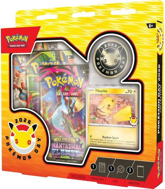 Kolekcionuojami daiktai – „Pokémon Day 2026“ kolekcijos dėžutė (Pokémon, Pikachu kortelė, moneta, 3 papildymo paketai)
