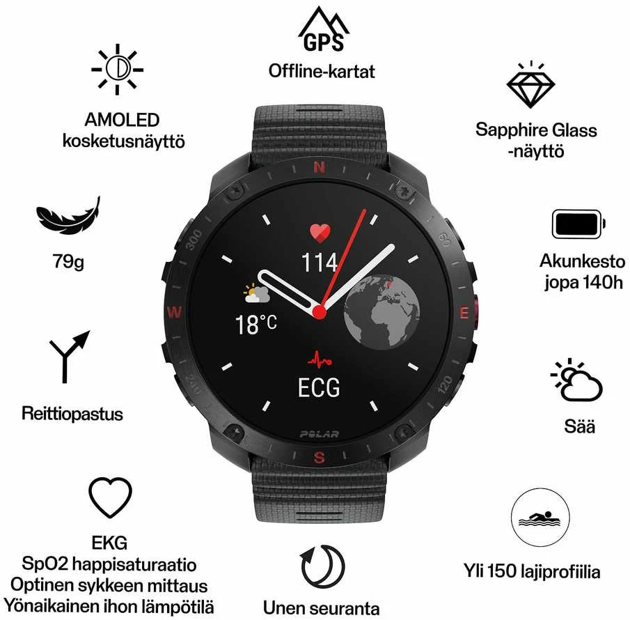 Išmanusis laikrodis Polar Grit X2 Pro su širdies ritmo matavimo diržu, Juodas