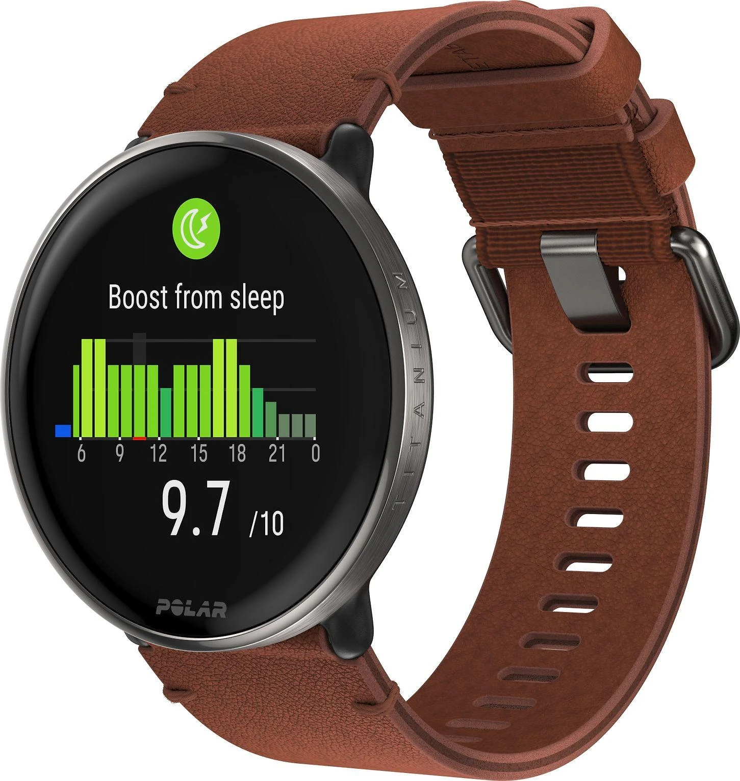 Išmanusis laikrodis Polar Ignite 3 Titanium, S-L dydžio, Juodos spalvos korpusas su rudos spalvos odiniu dirželiu (komplektacijoje papildomai juodos spalvos silikoninis dirželis)