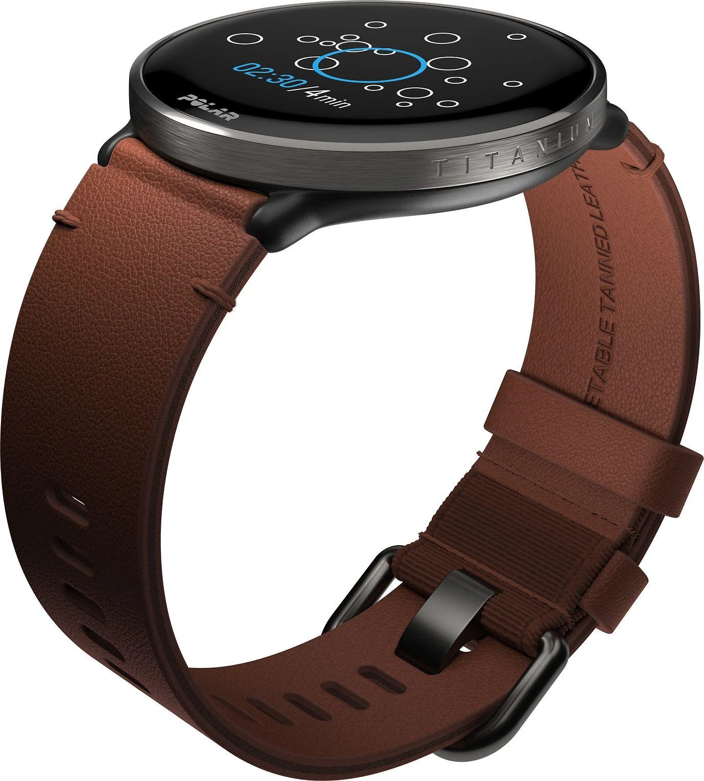 Išmanusis laikrodis Polar Ignite 3 Titanium, S-L dydžio, Juodos spalvos korpusas su rudos spalvos odiniu dirželiu (komplektacijoje papildomai juodos spalvos silikoninis dirželis)