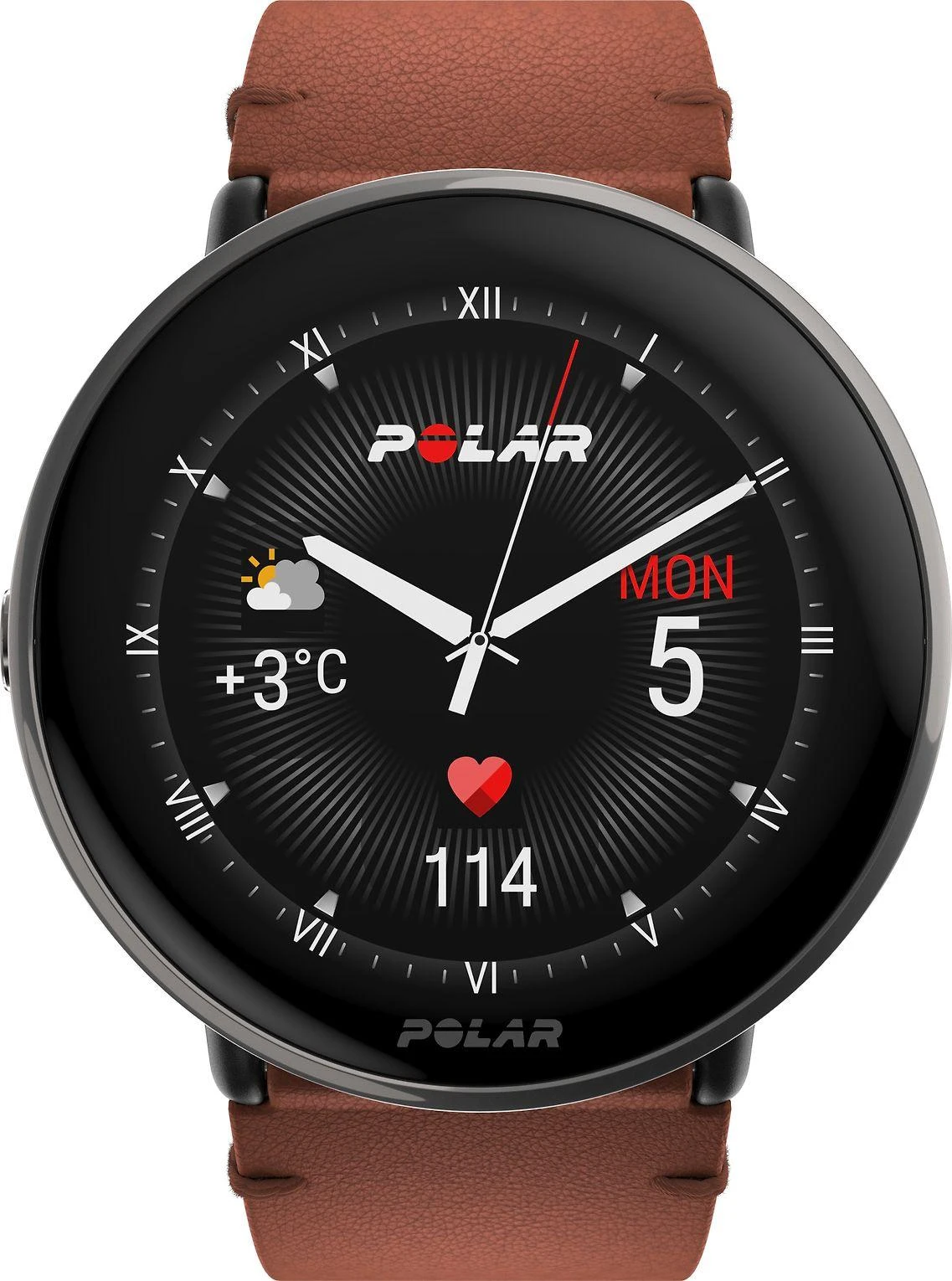 Išmanusis laikrodis Polar Ignite 3 Titanium, S-L dydžio, Juodos spalvos korpusas su rudos spalvos odiniu dirželiu (komplektacijoje papildomai juodos spalvos silikoninis dirželis)