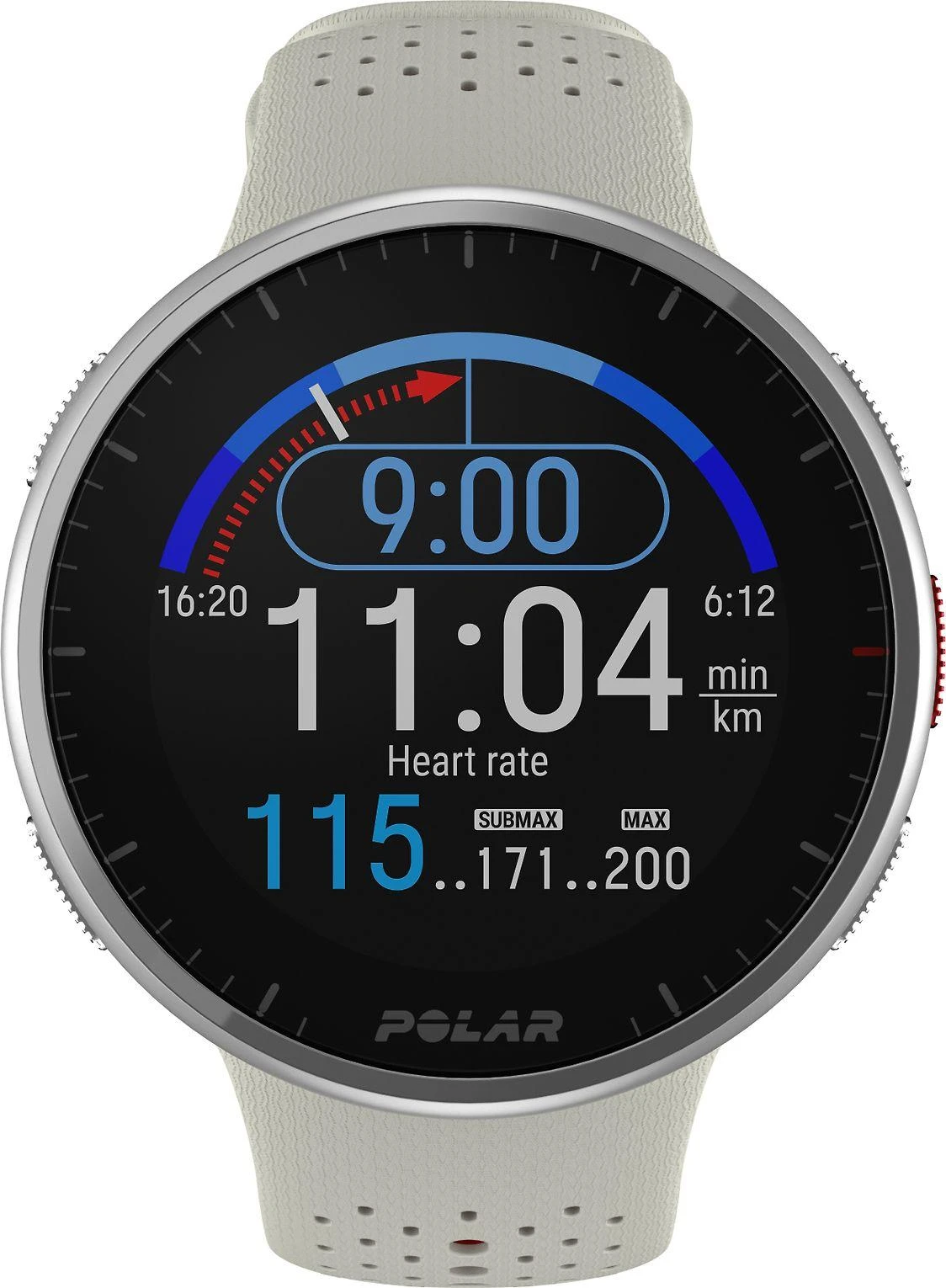 Išmanusis laikrodis Polar Pacer Pro, S/L dydždio, Balta spalvos su baltai raudonu silikoniniu dirželiu
