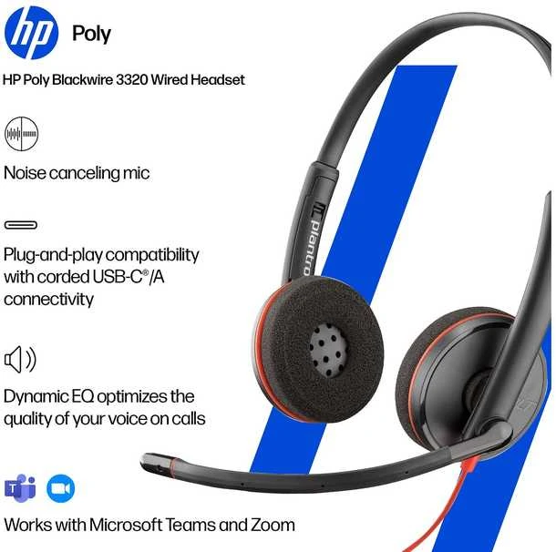 Hewlett Packard (HP) HP Poly Blackwire 3320 stereofoninis Microsoft Teams sertifikuotas USB-C Ausinės +USB-C/A adapteris