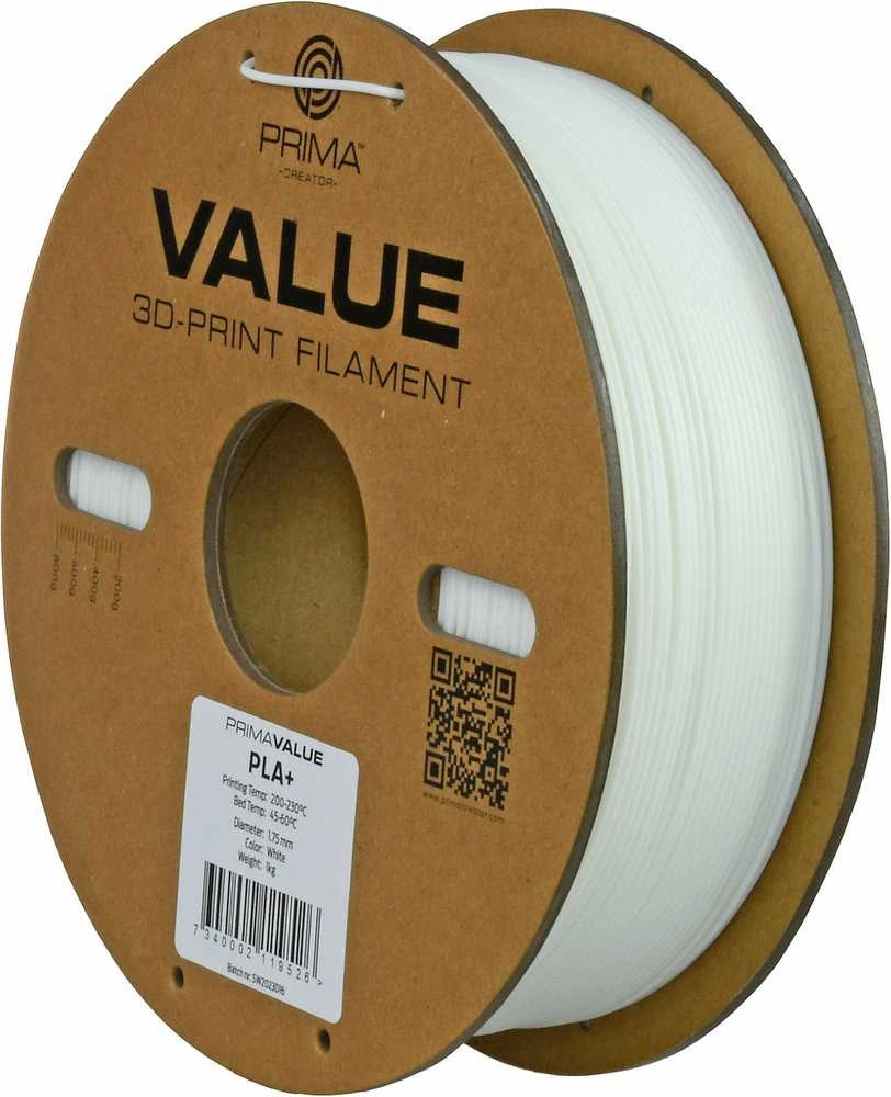 PrimaValue PLA+ balto siūlo ritė su technine etikete