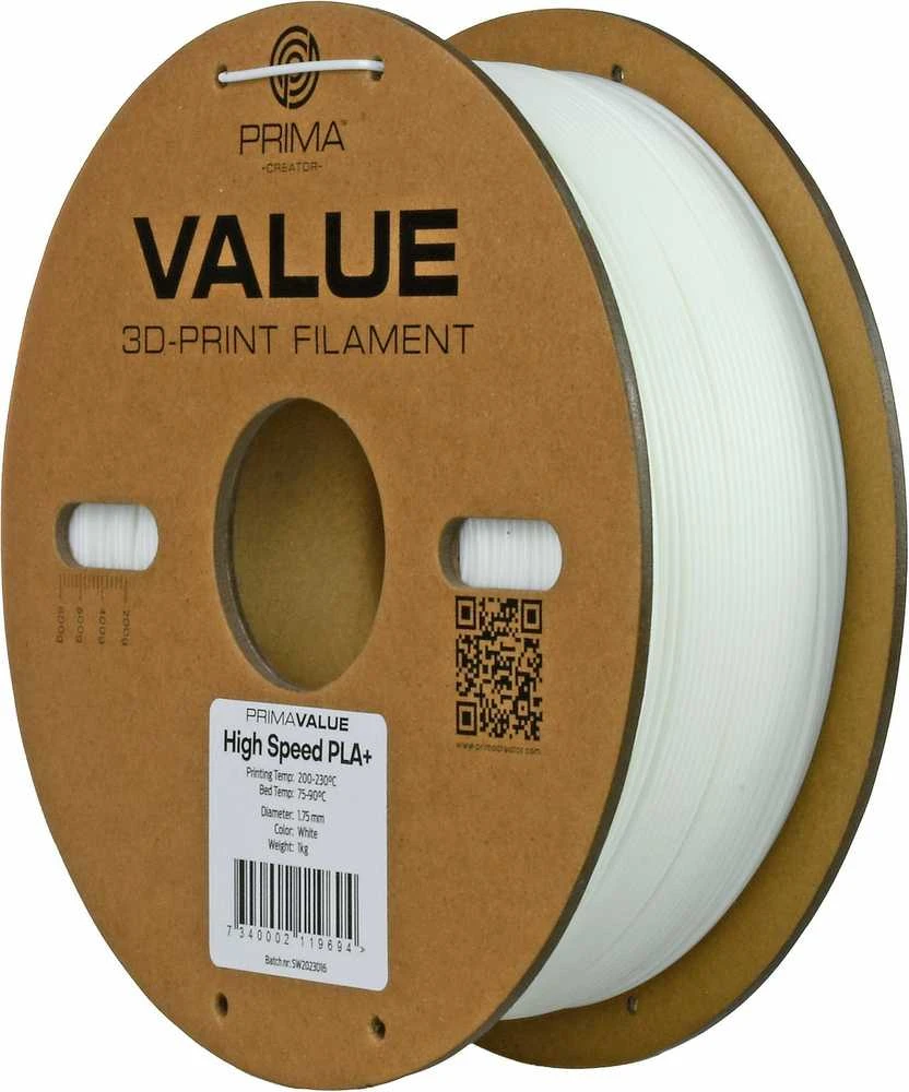 PrimaValue baltas PLA+ gijos ritė su informacine etikete
