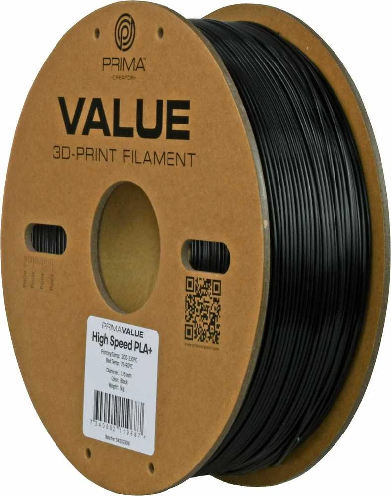 PrimaValue PLA+ juodas siūlas ant kartoninės ritės