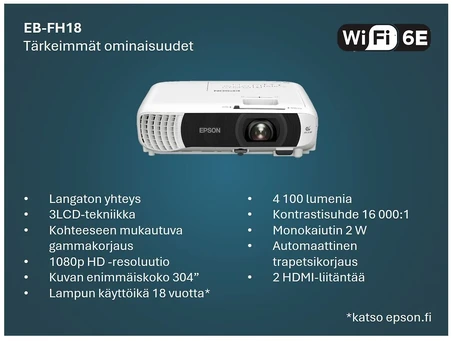 Projektorius Epson EB-FH18 | Full HD (1920x1080) | 4100 ANSI lm | Baltas | Wi-Fi