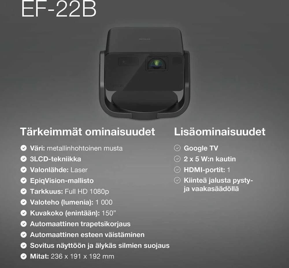Projektorius Epson | EF-22B | Full HD (1920x1080) | 1000 ANSI lumens | Juodas