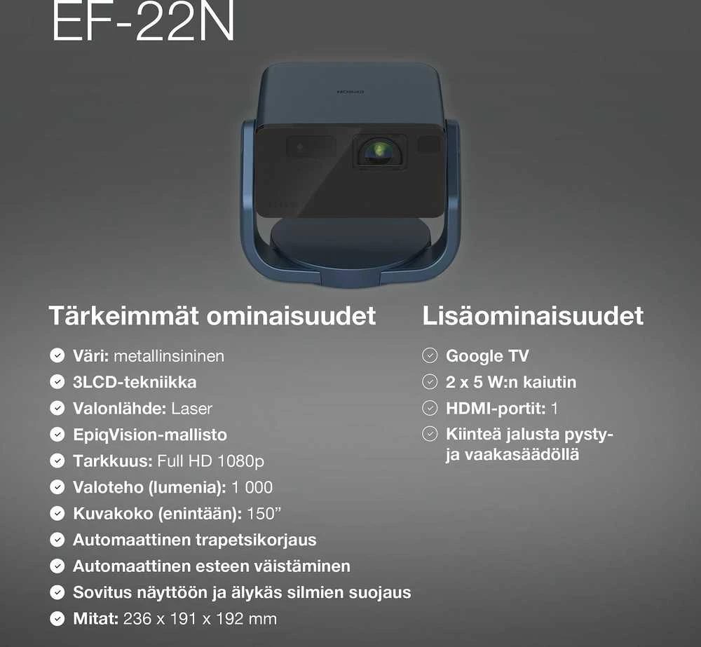 Projektorius Epson | EF-22N | Full HD (1920x1080) | 1000 ANSI lumens | Metallic Mėlyna