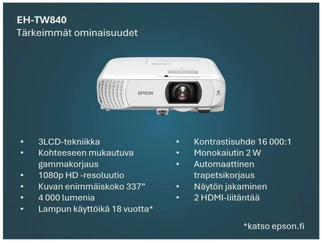 Lempinis projektorius Epson EH-TW840, Full HD, du HDMI prievadai, 4 000 liumenų, iki 337 col. siekiantis didelis ekranas