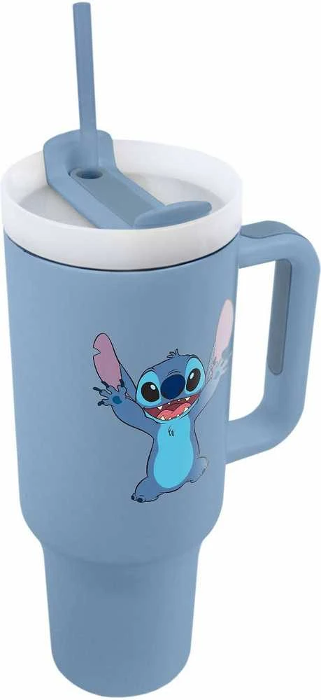 Melsvas Stitch kelioninis puodelis su šiaudeliu