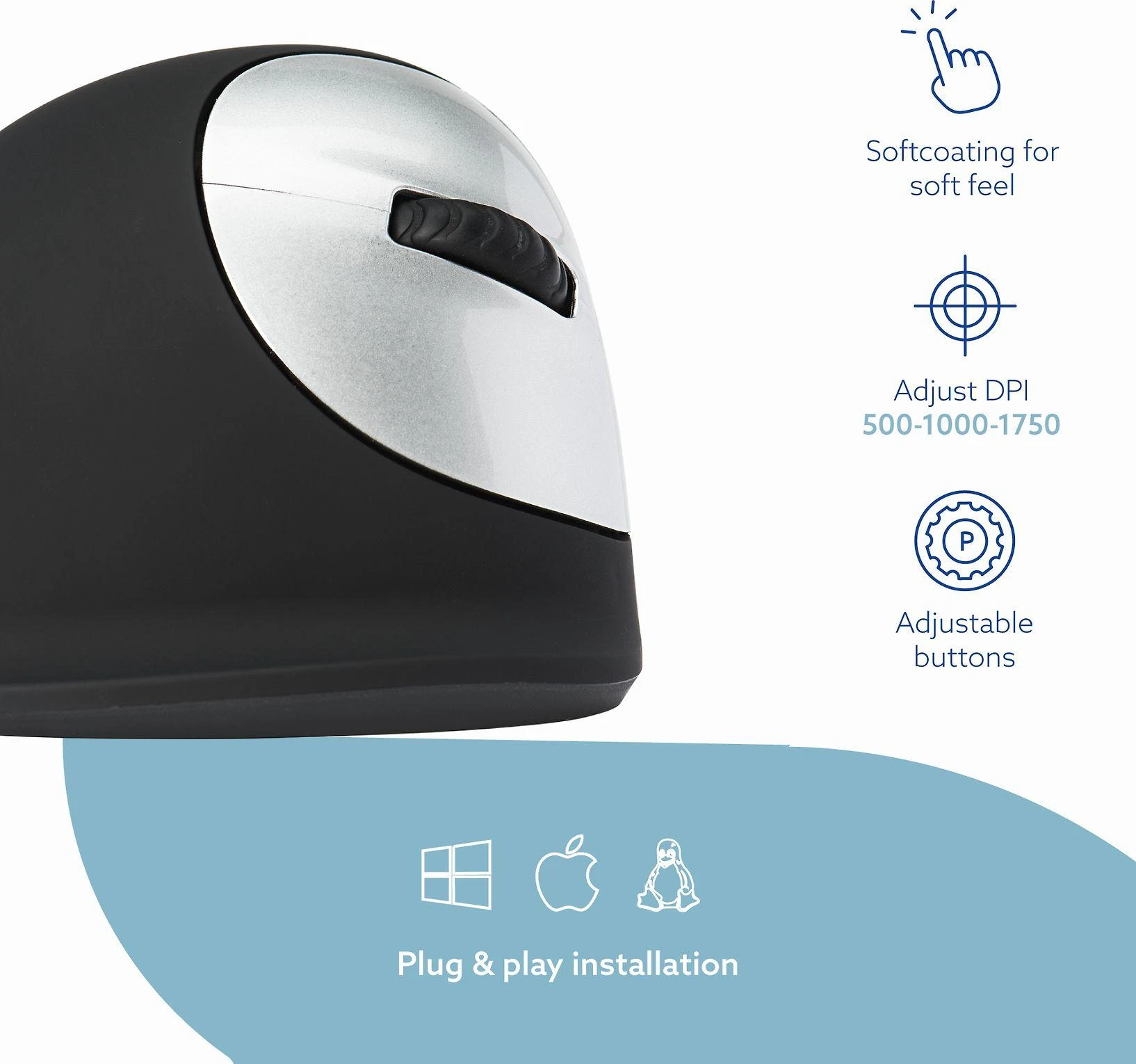 Pelė R-Go HE Break -ergonominen hiiri, BT, M-koko, oikealle kädelle