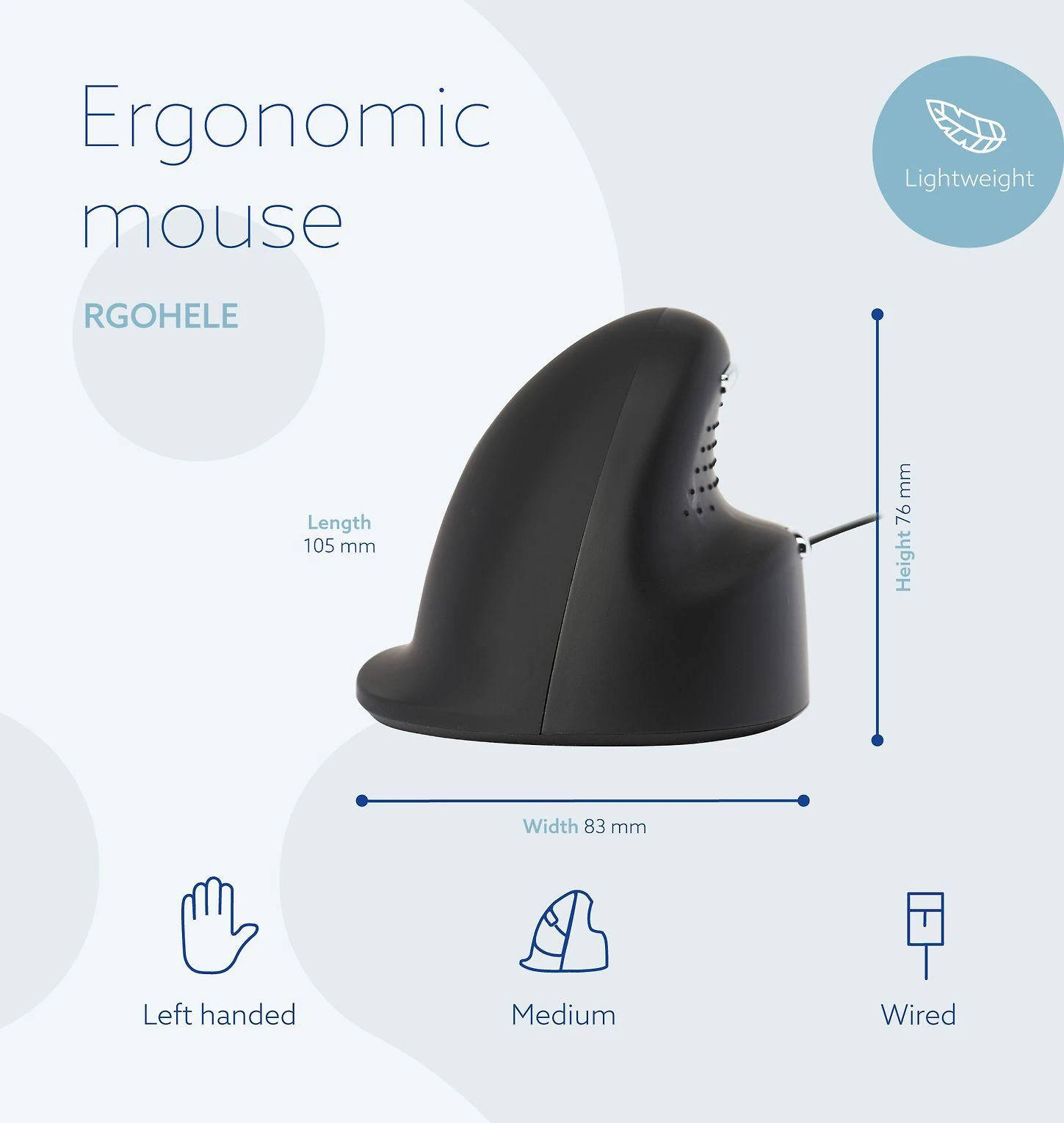 R Go Tools ERGONOMIC Pelė MEDIUM - HAND165-185MM LEFT-HANDED su laidu