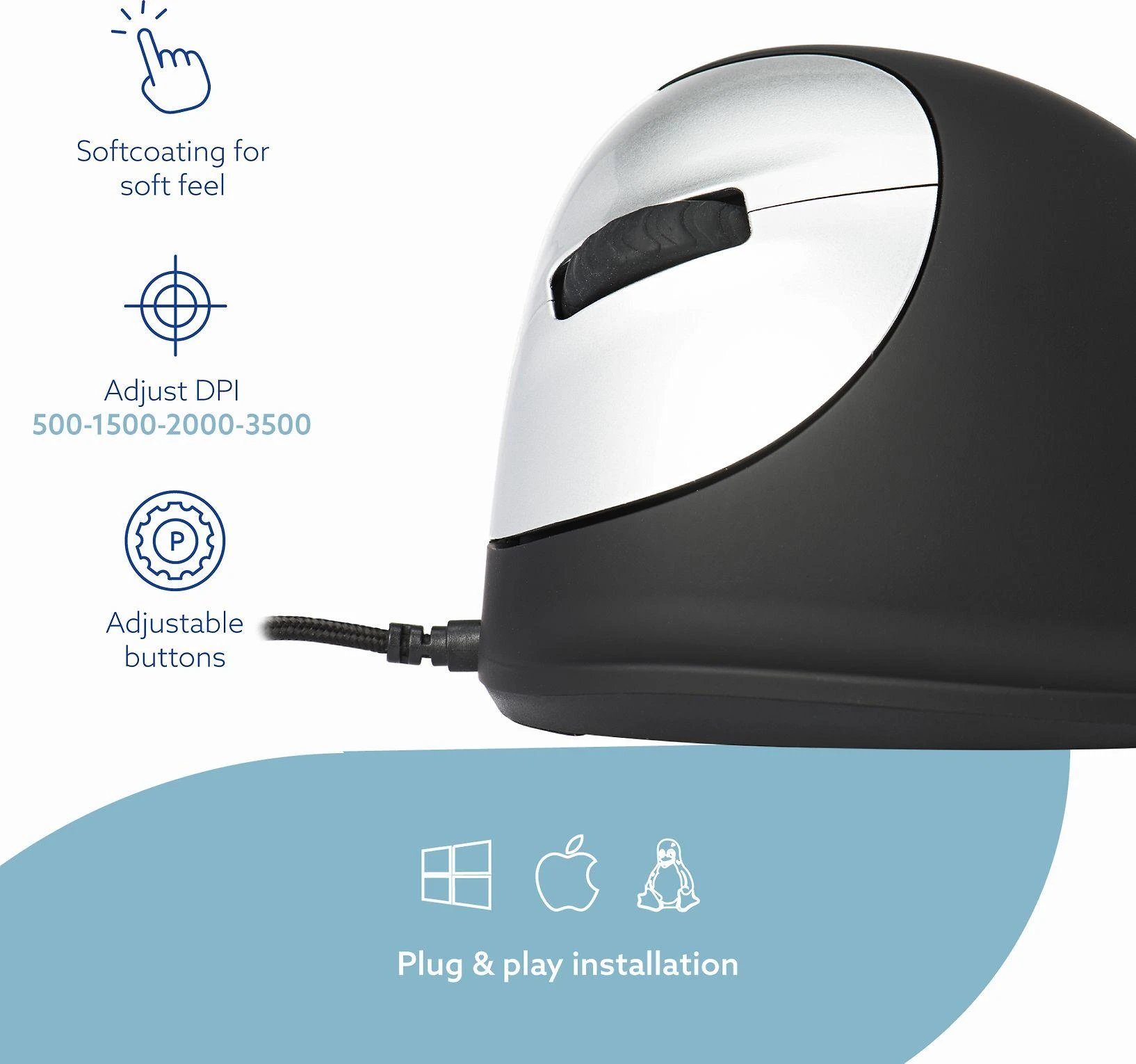 R Go Tools ERGONOMIC Pelė MEDIUM - HAND165-185MM LEFT-HANDED su laidu