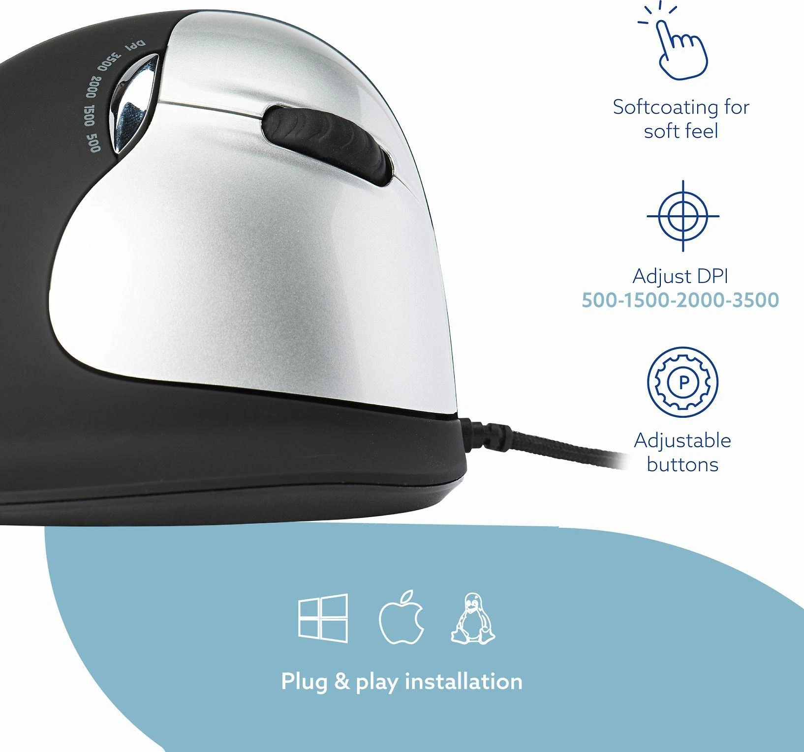 R Go Tools ERGONOMIC Pelė LARGE - HAND OVER185MM RIGHTHANDED su laidu