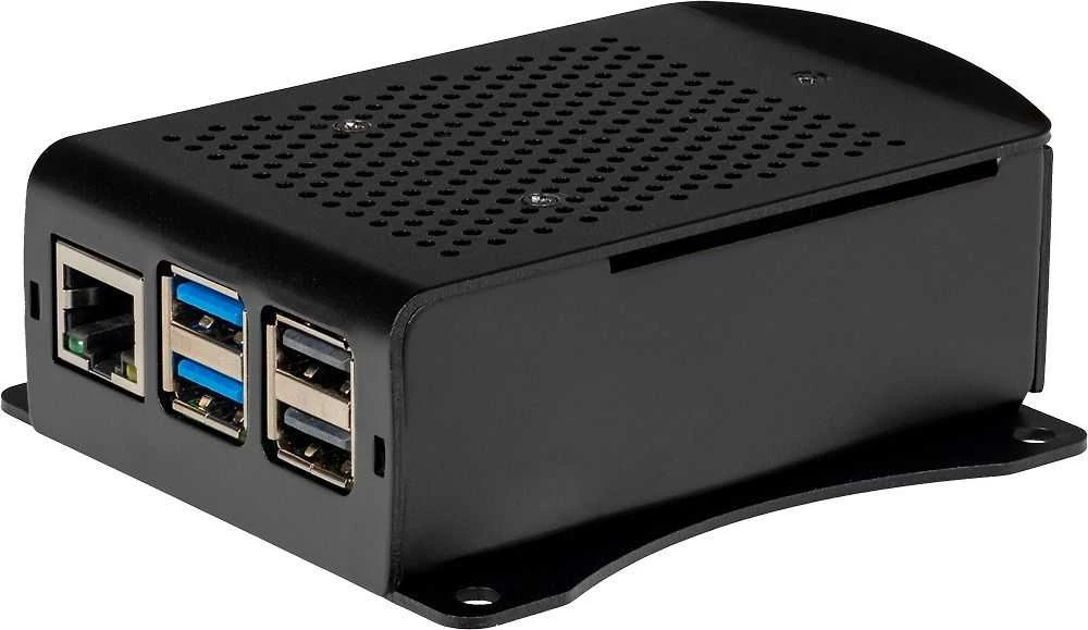 Juodas Raspberry Pi 5 aliumininis dėklas su laikikliais