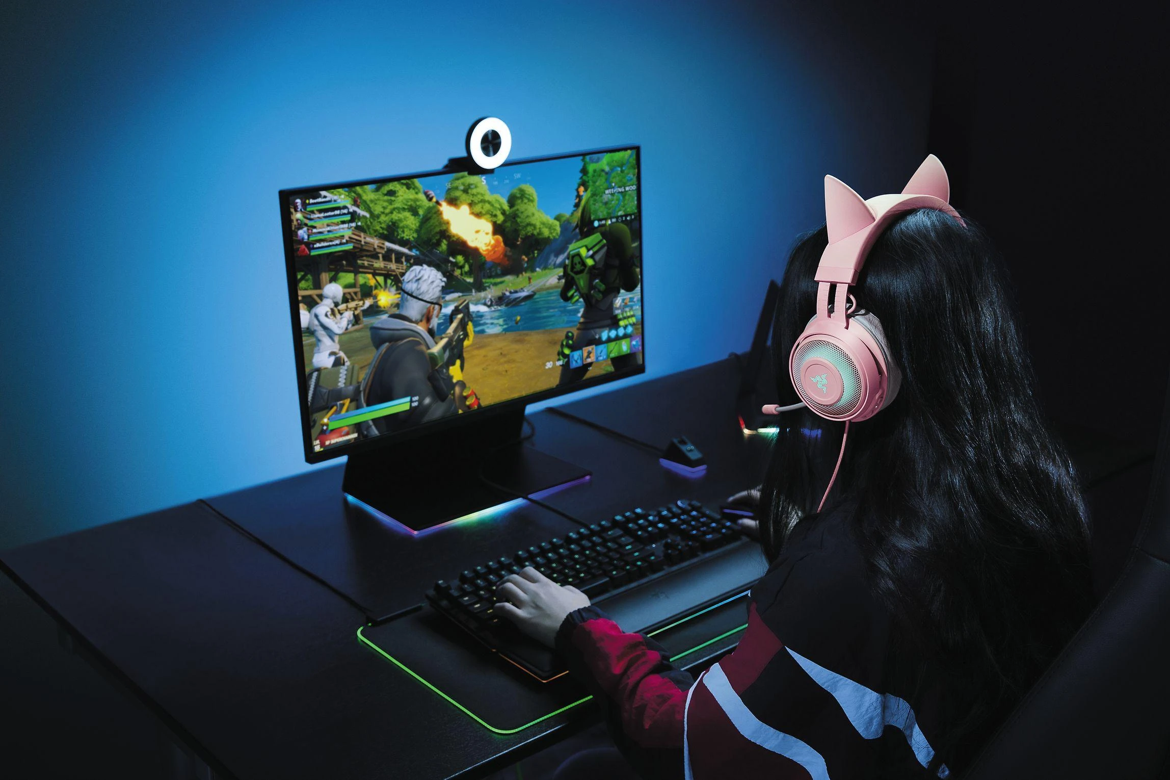 Žaidimų Ausinės Razer Kraken Kitty Edition Quartz, Chroma RGB, ANC mikrofonas, THX erdvinis garsas, USB jungtis, rožinės