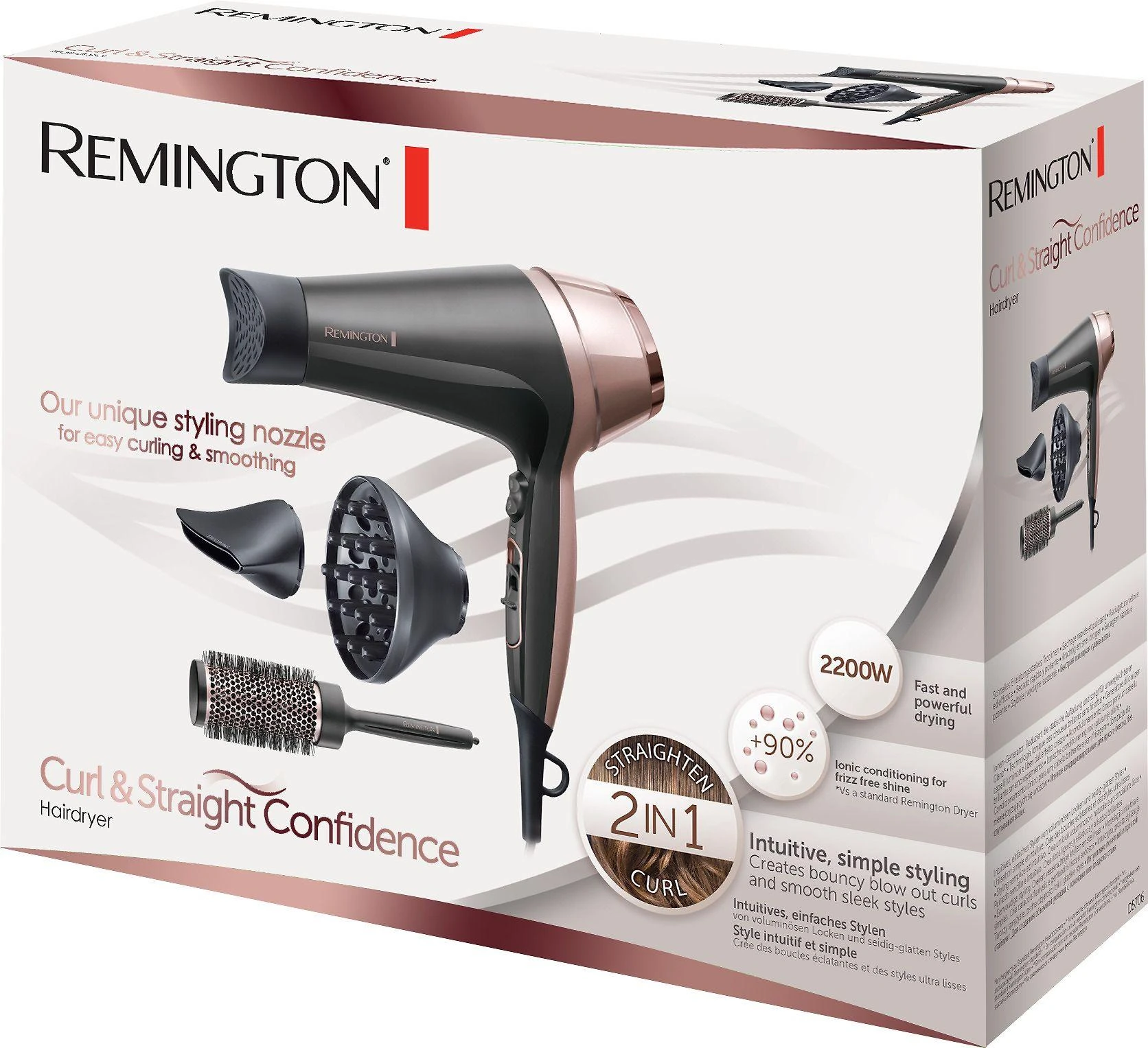 Remington | Curl and Straight Confidence Plaukų džiovintuvas | D5706 | 2200 W | Number of temperature settings 3 | Ionic function | Diffuser nozzle | Juodas