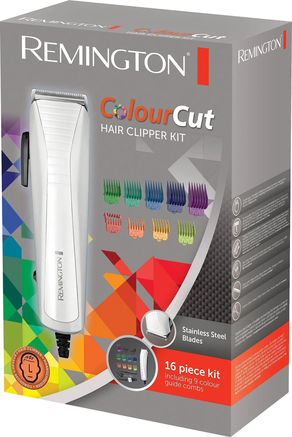 Remington Colourcut plaukų kirpimo mašinėlė HC5035 laidinė, įkraunama, Šiame 16 dalių rinkinyje yra 8 spalvų kreipiančiosios šukos, Baltas