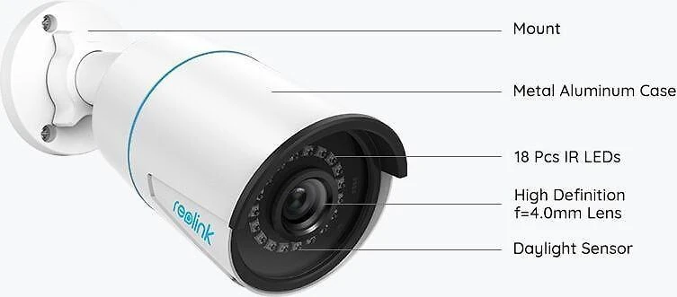Reolink | IP kamera | RLC-510A | Kulka | 5 MP | Fiksuotas objektyvas | Maitinimas per Ethernet (PoE) | IP66 | H.264 | „MicroSD“ (maks. 256 GB) | Baltas