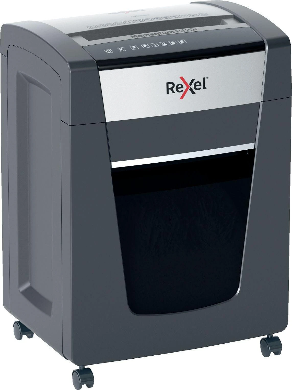 Rexel Momentum P420+ pilkas smulkintuvas su ratukais