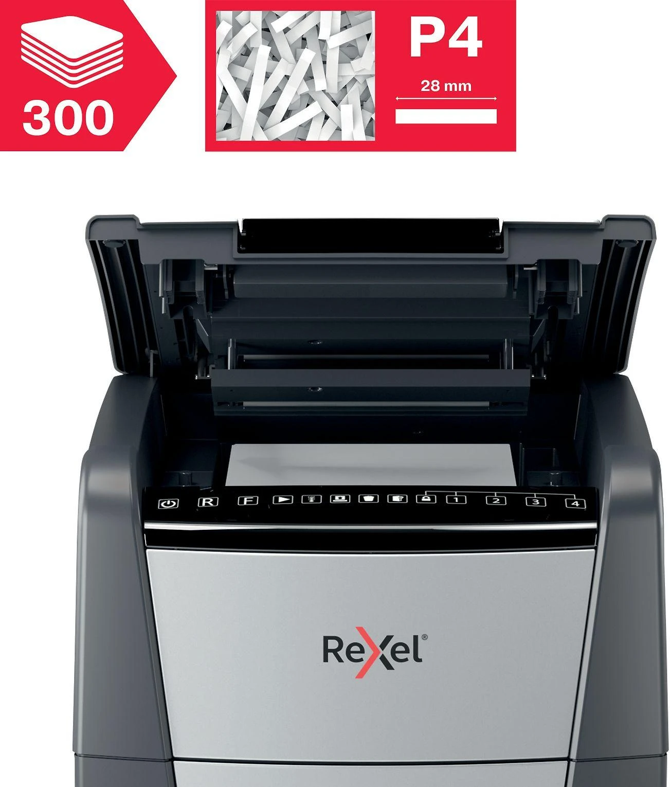 Automatinis dokumentų naikiklis Rexel Optimum Autofeed 300X, 4x25mm, P4, 60l